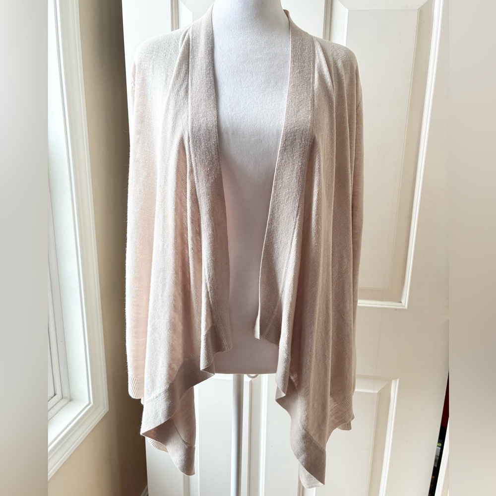 Theory Waterfall Knit Cardigan Sweater Open Front Long Sleeve Light Beige Size M